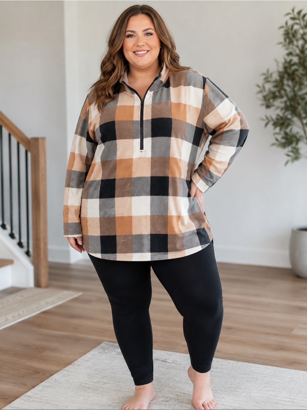 Plus Size Beige Plaid Quarter-Zip Pullover Top